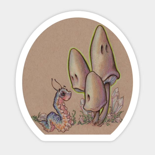 Caterpillar meets the Mushrooms in the Gatherer's Woods Sticker by justteejay